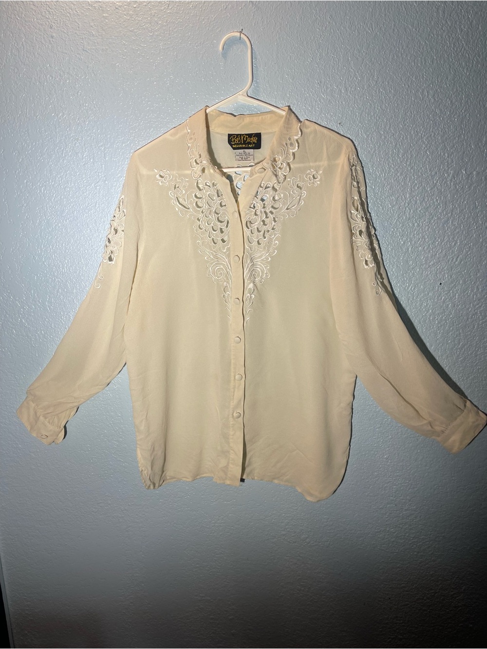 Bob Mackie Cream Floral Embroidered Button-Up Blouse